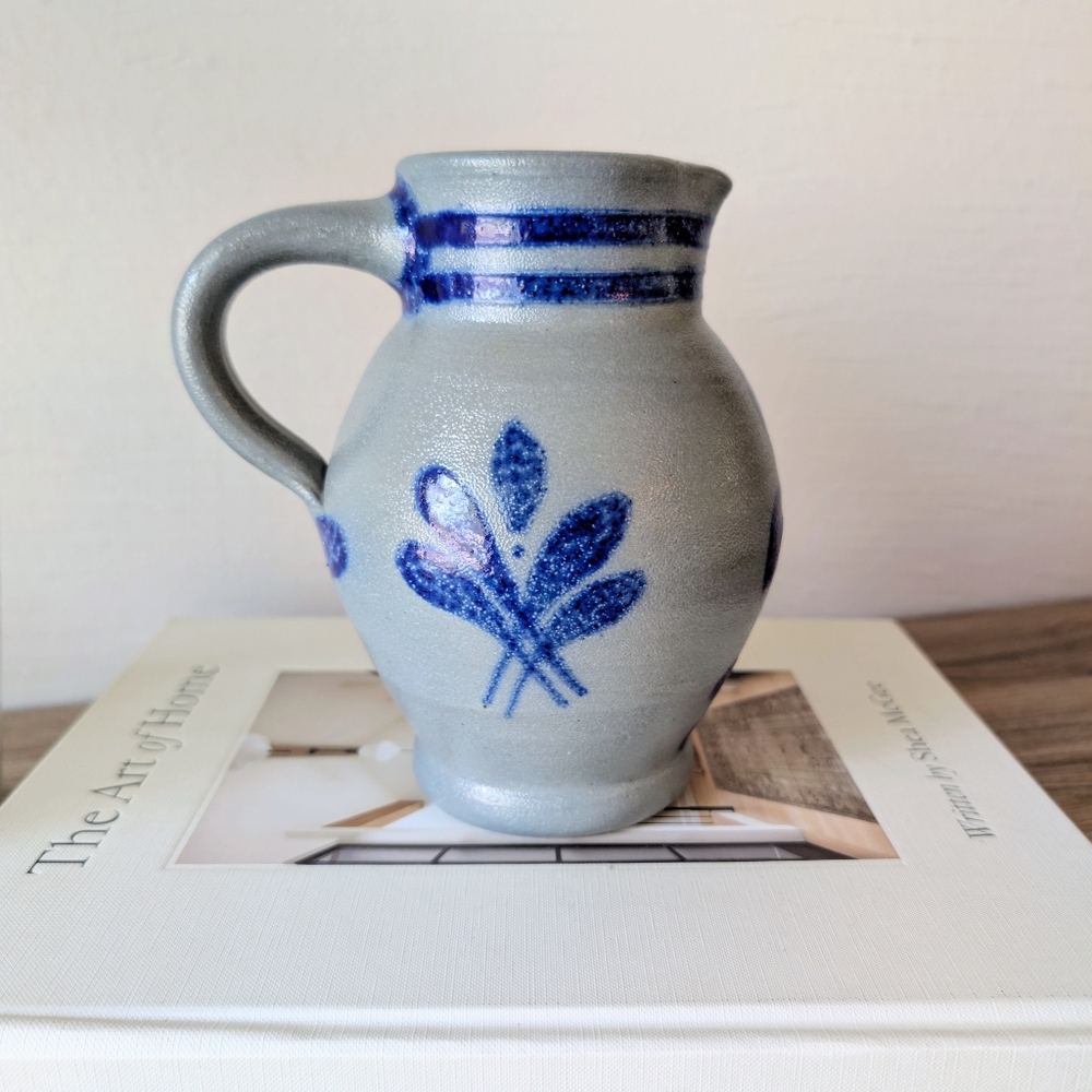 Vintage Handcrafted Salt Glazed Gray and Cobalt Blue Stoneware Vase